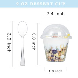 Fabulous Party 50 Pack 9 oz Clear Plastic Cups,Disposable Dessert Cups with No Hole Dome Lids and Spoons,PET Shooter Cups for Parfait,Salad,Ice Cream,Fruit,Cupcake