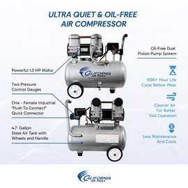 California Air Tools CAT-4710W 1.0 HP Quiet, Oil-Free Air Compressor with Wheels, 4.7 Gallon Tank Capacity, 75 dB Noise Level, Lightweight, Electric, Portable, for Home and Garage