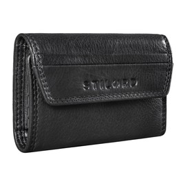 STILORD 'Bowie' Leather Key Case Key Case and Purse Small Case Key Organiser Slim Wallet Mini Key Bag for Debit Cards with Key Rings, black, coin purse