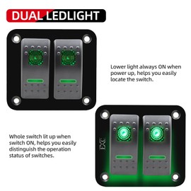 FXC Rocker Switch Aluminum Panel 2 Gang Toggle Switches Dash 5 Pin ON/Off 2 LED Backlit for Boat Car Marine Green