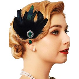 GENBREE 1920s Feather Headpiece Black Feather Hair Clip Feather Headband Cocktail Hair Accessories for Women