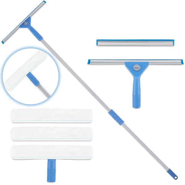 AMERWASH PLUS Window Squeegee Washing Kit for High Window, Shower Glass Door, Mirror Cleaning, with 69-inch Extension Pole, Extra 14'' Wide Squeegee and 2 Microfiber Scrubbers Included