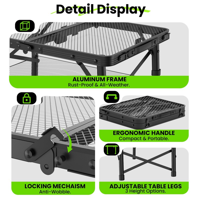WildFinder Folding Camping Table, 3 Adjustable Height Max 27.5" Portable