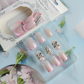 24Pcs French Tip Press on Nails Short Square Fake Nails French Pink Nails Tip with 3D Bow Flower Nail Charms Acrylic Nails Rhinestones Full Cover Glue on Nails Valentine’s Artificial Nails for Women