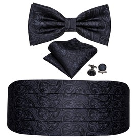 YOHOWA Cummerbund Bow Tie for Men Black Paisley Silk Pre-Tied Bowtie Pocket Square Cufflinks Set Formal Wedding Party Prom Banquet