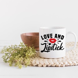 Love and Lipstick with Red Lips Design - Beauty Themed Merch for Makeup Artist or Cosmetologist, Gift for Makeup Lovers & Beauticians, White Mug 11oz
