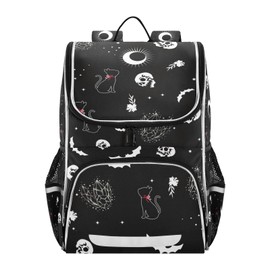XUWU Goth Skull Cat Backpack with Reflective Strip for Kids Boys Girls Elementary School Bag Removable Chest Strap