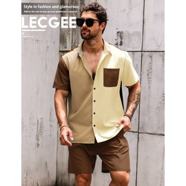 LecGee Men's 2 Piece Outfits Color Block Button Up Shirts and Drawstring Shorts Set