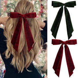 Hair Bows for Women, 2PCS Velvet Bow Hair Clip Ribbon for Girls Toddlers Teens Kids Vintage Accessories Burgundy Maroon Green Hair Ties for Christmas