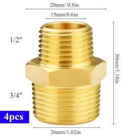 Pack of 4 Brass Reducing Nipples, Reduction 3/4 to 1/2 Double Nipple Brass Male Thread, 1/2 Inch to 3/4 Inch Adapter, Durable Reducing Bushing for Sanitary Applications, Drinking Water Suitable