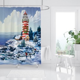 Qucena Christmas Lighthouse Shower Curtain Beach House Xmas Tree, Ocean Fence Winter Coast Scenery Fabric Bath Curtain Bathroom Accessories 70'Wx 70'H