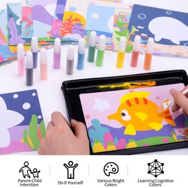 Toptime Sand Art Kits for Kids, 12 Colored Sand Bottle 16 Sheet Ocean Animal Sand Art Pictures, Peel and Stick DIY Crafts Set for Girls and Boys, Sand Painting Arts and Crafts for Kids Ages 8-12