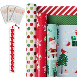 LaRibbons Reversible Christmas Wrapping Paper Set, Classic Santa/Winter Tree/Candy Canes & Colorful Polka Dot, Stripes Design for Holiday, Christmas Party, 17 Inch × 10 Feet(3 Rolls:42.3sq.ft.ttl)