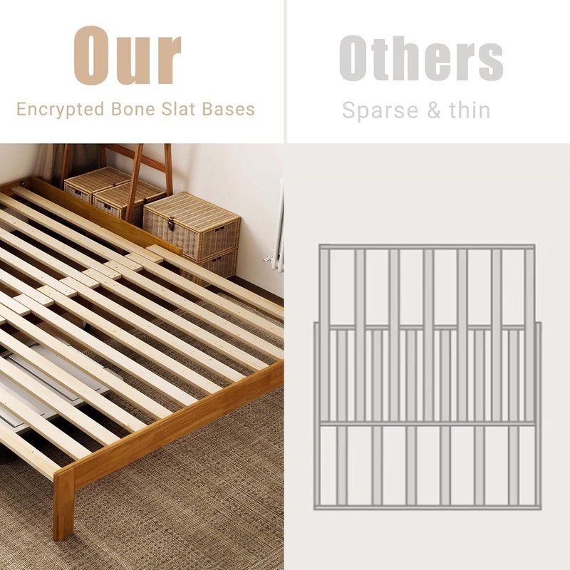 LINSY Wood Bed Frame Full Platform Bed, Retractable Bedframe with