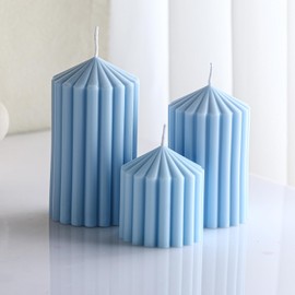 Conelist Set of 3 Ribbed Pillar Candles Soy Wax Scented Ribbed Candles Includes 2.8, 4.2 and 5.1 Inches Heights Romantic Decoration for Home Birthday Gift(Light Blue)