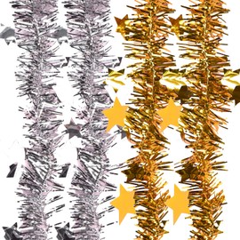 Lezevn 8 Pieces Christmas Star Tinsel Garland Decoration Xmas Tree Garland Tinsel Decoration (Gold, Silver)