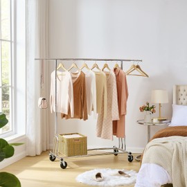 Tajsoon Heavy Duty Clothes Rack Foldable Garment Rack with Wheels and Extendable Rod, Freestanding Clothing Rack for Hanging Clothes, Adjustable ＆ Collapsible Rolling Racks with Bottom Shelf, Chrome