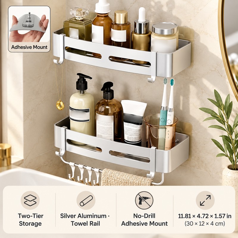 Aluminum Shower Caddy for Bathroom Storage – No-Drill Wall-Mounted Organizer