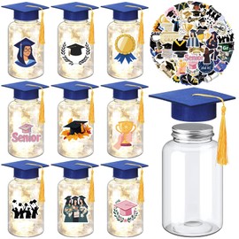 LAIAMER 10Sets Graduation Mason Jar, 2026Graduation Centerpieces with Felt Hat&Fairy String Lights & Stickers, Graduations Table Decorations Graduations Party Supplies Favors for College School(Blue)