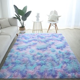 EMPVEX Luxury Rug for Bedroom, Fluffy Blue Purple Tie Dye Area Rugs Living Room, 3-layer Material Carpet Nursery Rugs, Blue Purple 60x120cm