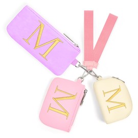 Mini Zip Around Keychain Wristlet Wallets for Women and Girls: Three Coin Purses with 2 Straps - Best Gifts for Birthdays, Christmas, Wedding Parties, Valentine's Day, New Year (M, Purle&Pink&Cream)