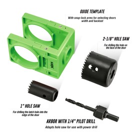 KATA 1-3/8" - 1-3/4" Door Lock Installation Kit with Large Chip-Clearance Slots, Door Lock Hole Saw for Deadbolts and Locksets for Wooden Doors with Guide Template, Carbon Steel, Green