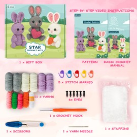 ekaus Crochet Kit for Beginners, Crochet Kit with Step-by-Step Video Tutorials, Crochet DIY Knitting Supplies for Adults Kids, Crochet Rabbits(45%+ Yarn)