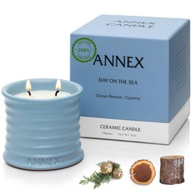 Scented Luxury Candles in Handmade Ceramic Jars, Soy Wax | Day On The Sea – Cypress & Cedar, Large Candle | Non Toxic, 2 Wicks, Reusable Big Blue Jar | Natural Spring Aromatherapy for Women & Men