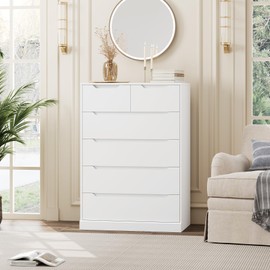 HOSTACK Modern 6 Drawer Dresser for Bedroom, Tall Chest of Drawers with Storage, Large Wood Storage Chest Organizer with Cut-Out Handle, Accent Storage Cabinet for Living Room, Entryway, Classic White