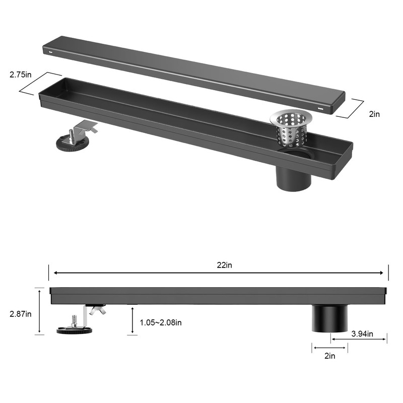 EXF Offset Linear Shower Drain 22 Inch Matte Black with