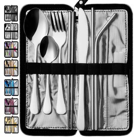 Portable Travel Utensils, Reusable Silverware with Case for Fixing Tableware, 9 Pieces Stainless Steel Stable Flatware Set, Camping Picnic Cutlery Set (Silver Set)