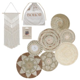 BOHO11 7 Pack Hanging Boho Wall Basket Decor Art; Handcrafted Seagrass Boho Baskets Large Rustic Farmhouse Wall Decor; Round Woven Wicker Above Sofa or Bed Wall Decor (SeaVibe BOHO)