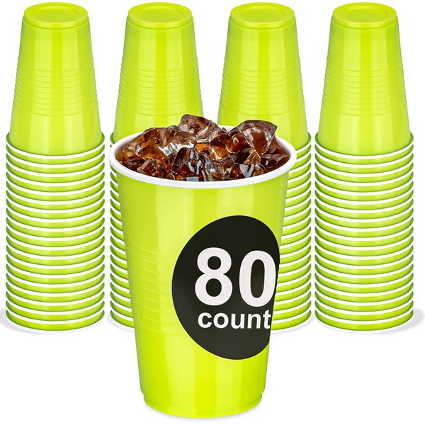 DecorRack 80 Party Cups, 16 oz -BPA Free- Plastic Soda Cups, Perfect for Birthday, Picnic, Indoor and Outdoor Event, Stackable, Reusable, Disposable Round Beverage Drinking Cup, Green (Pack of 80)