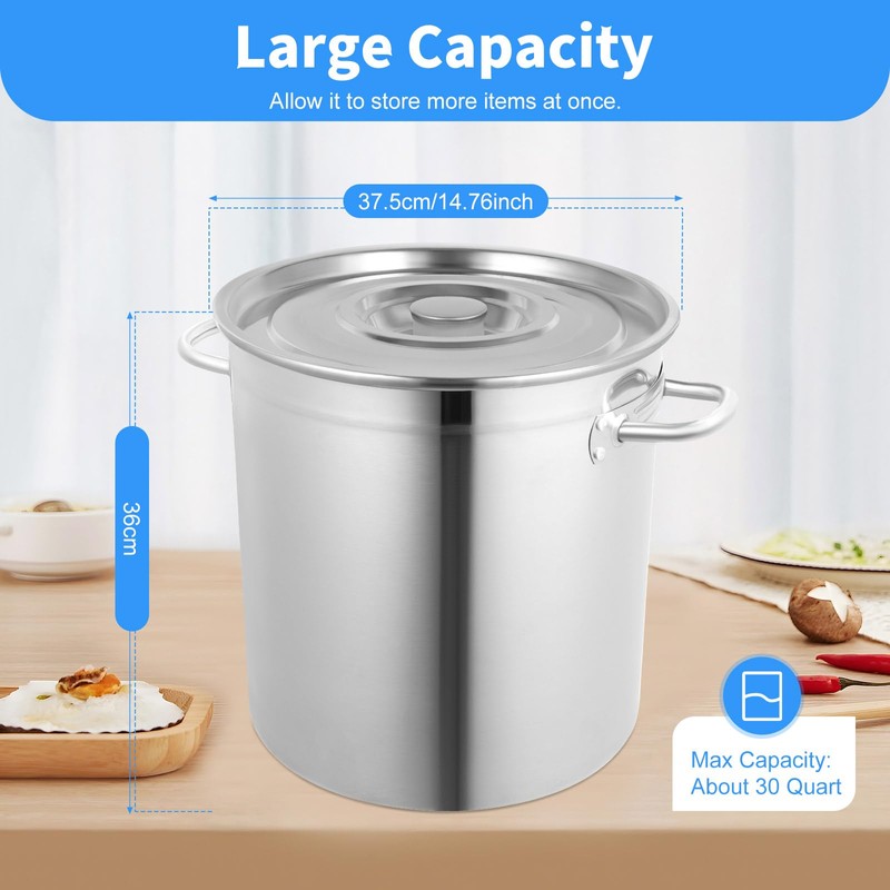 Stainless Steel Stockpot, 30 Quart Large Cooking Pots with 0.8mm