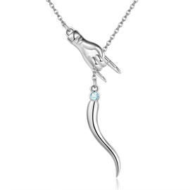 YAFEINI Italian Horn Hand Necklace Sterling Silver Cornicello and Mano Cornuto Birthstone Necklace Good Luck Italian Protection Amulet Pendant Jewelry for Women Girls, Sterling Silver, No Gemstone