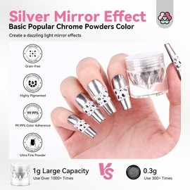 Saviland Silver Chrome Nail Powder - 1g Metallic Mirror Effect Chrome Powder for Gel Nails, Manicure Nail Art Pigment Silver Chrome Powder Nail Decoration Glitter Dust for Nail Art Gel Polish Home DIY