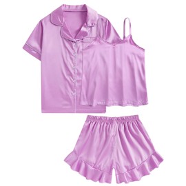 Belovecol Pajama Set for Kid Girl Button-up Silk Purple Pajama Sleepwear Nightwear Loungewear Clothes Set Gifts for Kids PJ 10-11T