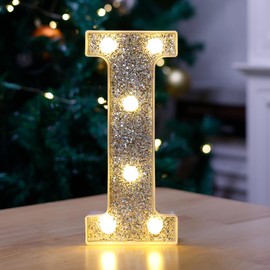 Marquee Light Up Letters, Glitter Silver LED Lights Battery Powered Alphabet Sign for Night Light Wedding Birthday Party Cafe Bar Decoration Girls Room Decor - Letter I
