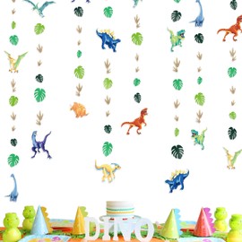 Cheerland 6 pcs Colorful Dinosaur Garland with Monstera Deliciosa Leaves and Dinosaur Foot Print Pattern for Birthday Party Tea Party Jurassic Party Dinosaur Theme Party Decoration Supplies