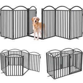 Malier Metal Freestanding Dog Gates with Door, 32'' Height Outdoor Indoor Dog Fences, Extra Wide Foldable Puppy Gate Free Standind Tall Pet Gate for Stairs, Hallways, Doorways, Yard (Black 6 Panels)