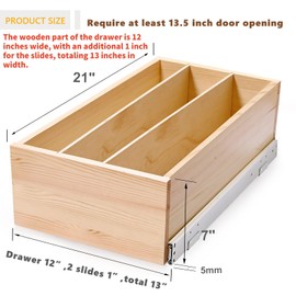 Mulush Pull Out Cabinet Organizer with Divider, 13''W×21''D×7''H Soft Close Wood Drawer for Kitchen Pantry, Finished, Heavy-Duty, Bottom Assembly (Wood Drawer Part Width is 12'')
