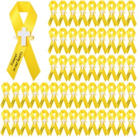 50 Pcs Memorial Funeral Ribbon with Cross Pins, Yellow