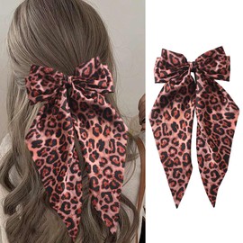 clvpai Leopard Print Hair Bows Clips for Women, Large Satin Bow Hair Clips Red Leopard Ribbon Hair Barrette with Long Tail Cute Ponytail Hairpin Fall Winter Hair Accessories Cheetah Print Bowknot Clip