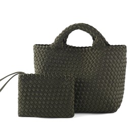 LIKEBAG Woven Bag for Women, Neoprene Tote Bag Summer Beach Handbag Purse Retro Handmade Travel Shoulder Bag Set (Dark Green)