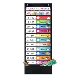 Daily Schedule Chart with 15 Dry-Eraser Cards - 13 Pockets for Classroom & Home (Black)