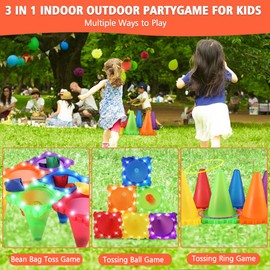 Light Up Throwing Game Outdoor Games for Children, Party Throwing Games, Ring Toss Game, Rings Throwing Game with LED Pylons and LED Bean Bags, Garden Toy Gift for Boys Girls from 3 4 5 6