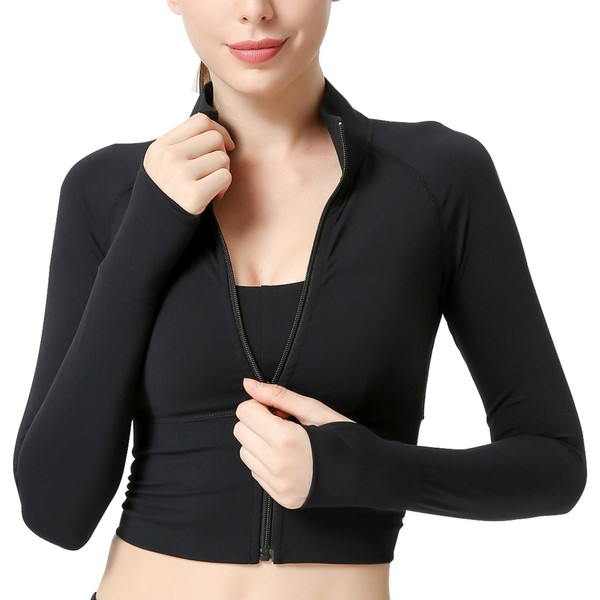 Women's Naked Felling Full Zip Running Jacket Track Workout Yoga Crop Top Lightweight Long Sleeve Soft Sweatshirt Outerwear Activewear Black