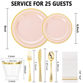 GATHER 350pcs Pink Plastic Plates - Disposable Plastic Dinnerware Set Include 100 Pink Plates, 150 Silverware, 50 Napkins, 50 Cups for Party & Wedding & Baby Shower