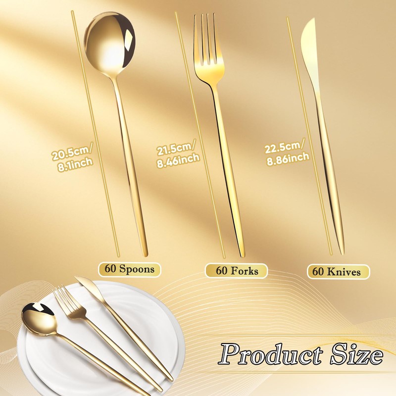 180 Pcs Gold Silverware Bulk for 60 Stainless Steel Flatware