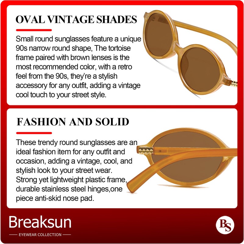 Breaksun Retro Oval Sunglasses for Women Men Trendy Round Sunnies